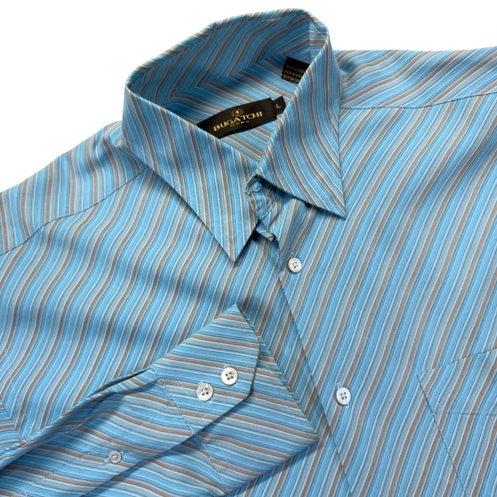 Bugatchi Uomo Mens Large Blue Brown Striped Modal Blend Long Sleeve Shirt - Picture 1 of 8